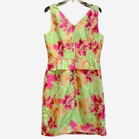 Tahari ASL V Neck Floral Sleeveless Peplum Dress in Green/Pink/Orange Women’s 10 - Picture 4 of 6